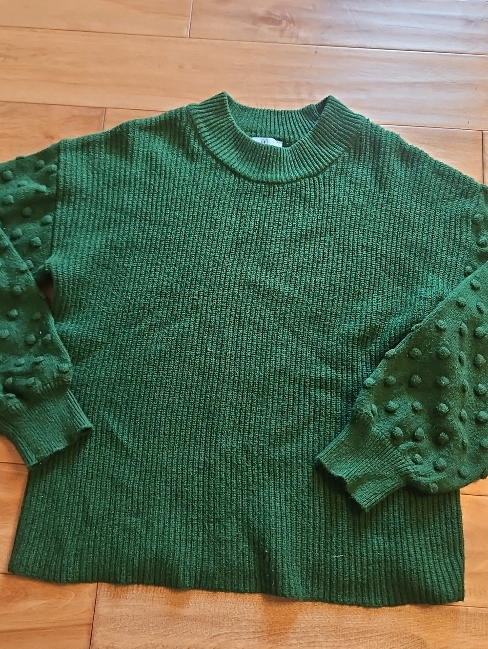 CeCe Green Textured Turtleneck Sweater with Pom-Pom Sleeves